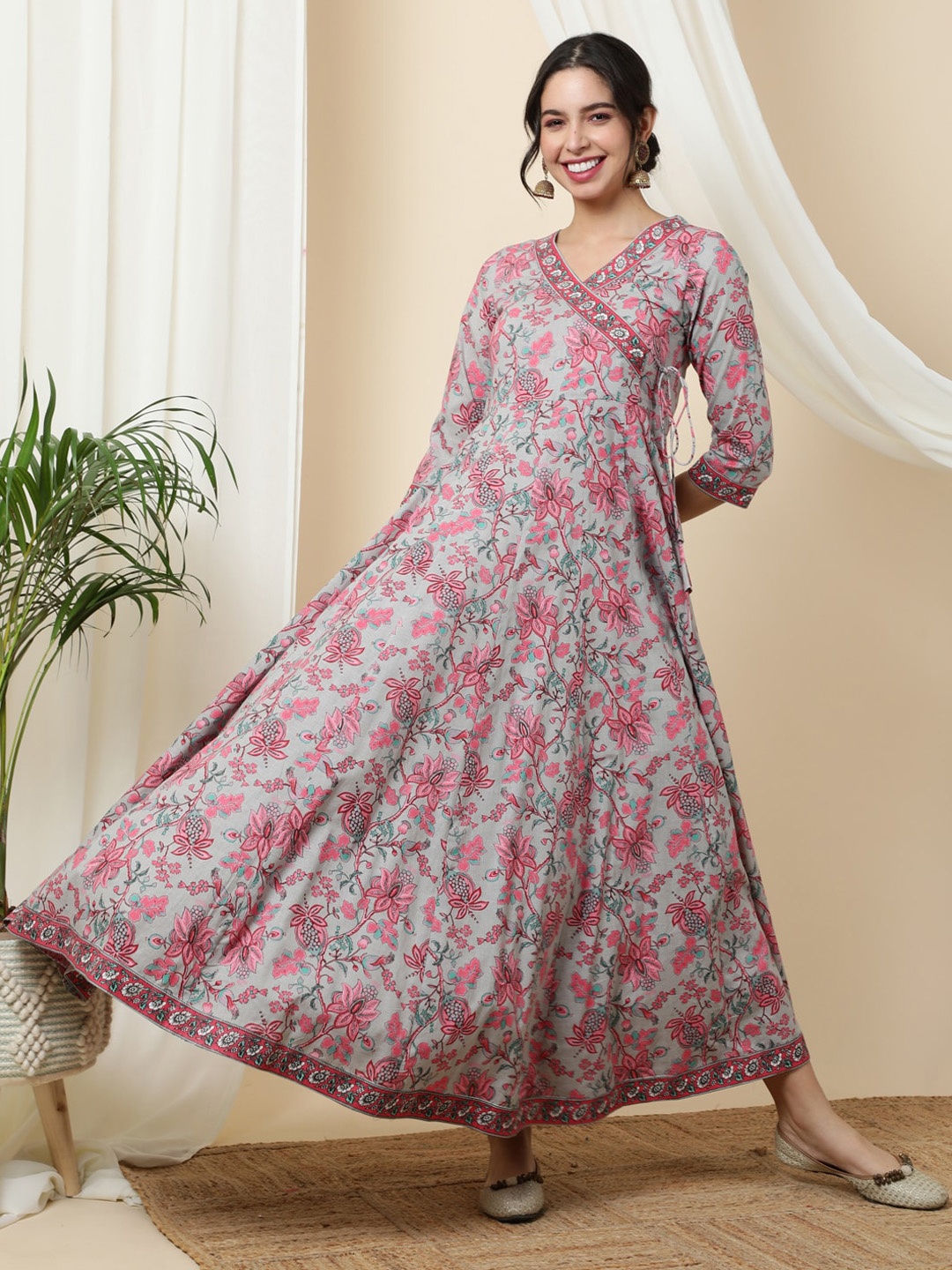

GULMOHAR JAIPUR Floral Printed Pure Cotton Maxi Ethnic Dress, Grey