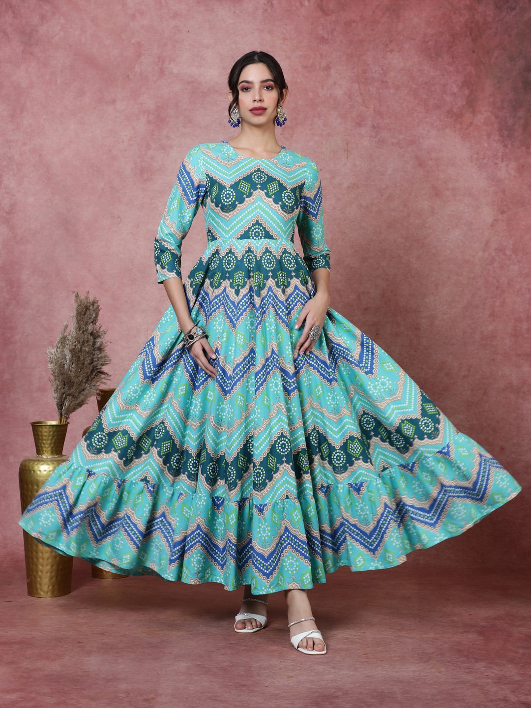 

GULMOHAR JAIPUR Bandhani Printed Pure Cotton Maxi Ethnic Dress, Turquoise blue