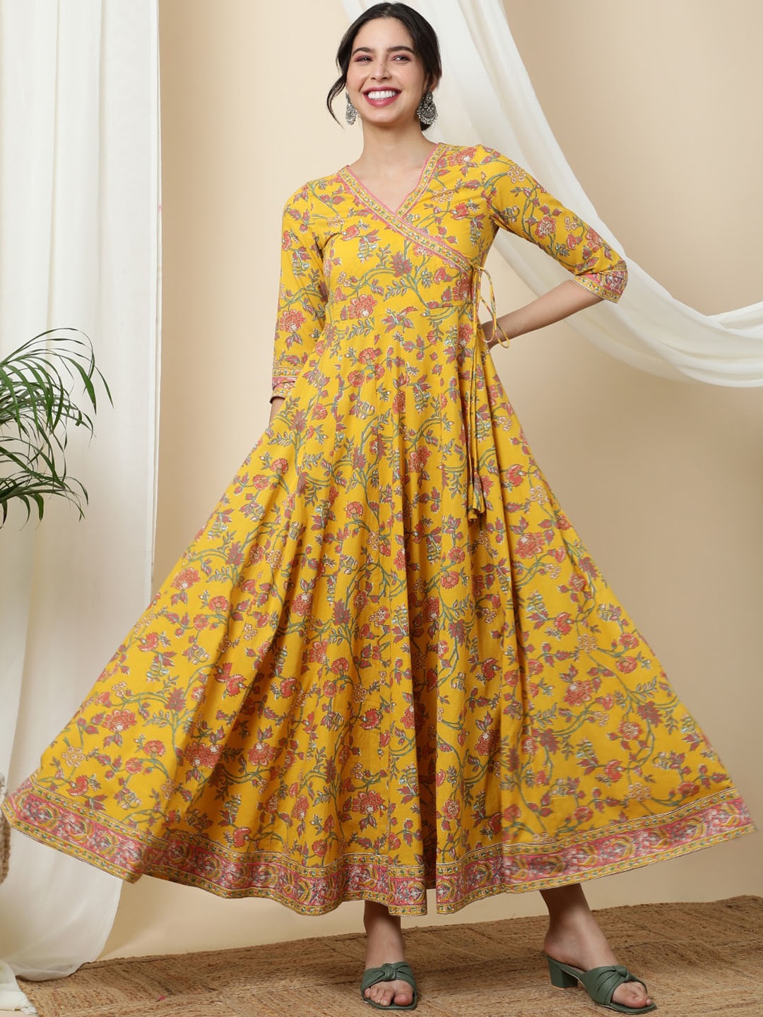 

GULMOHAR JAIPUR Floral Printed Pure Cotton Maxi Fit and Flare Ethnic Dress, Yellow