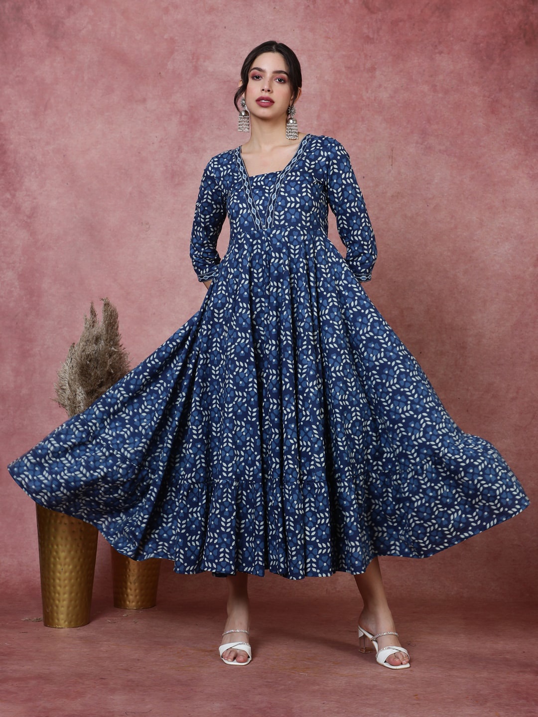 

GULMOHAR JAIPUR Floral Printed Pure Cotton Maxi Fit and Flare Ethnic Dress, Blue