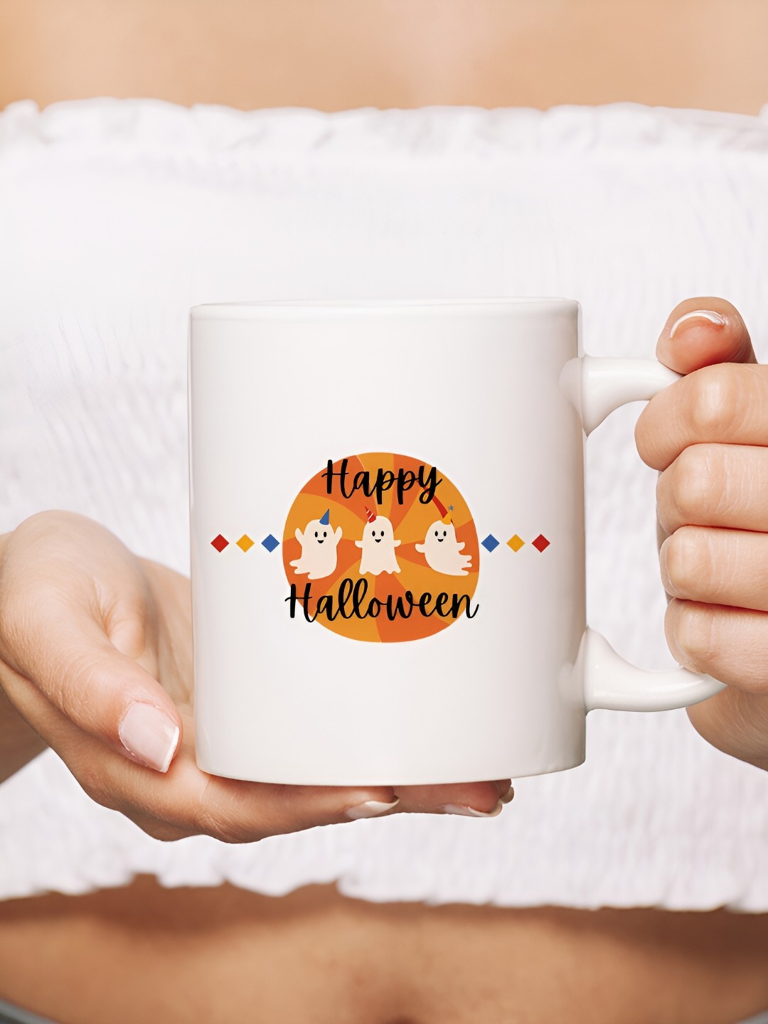 

The Decor Lane White & Orange Printed Microwave Safe Ceramic Glossy Finish Mug 325 ml