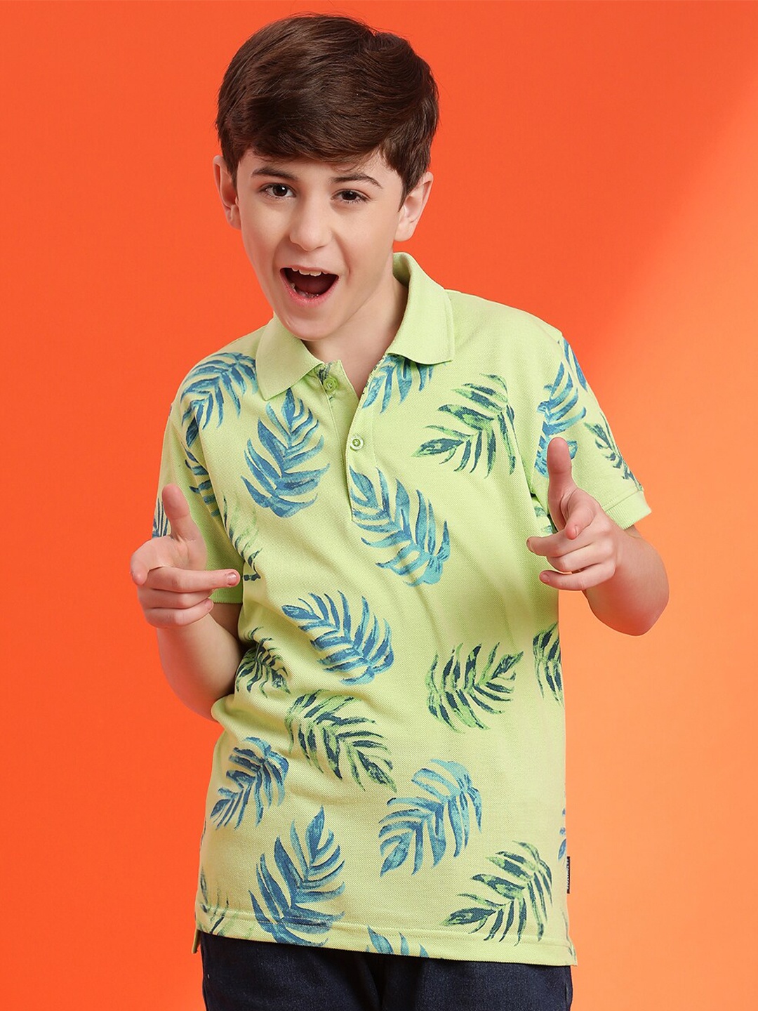 

Lil Tomatoes Boys Tropical Printed Polo Collar T-shirt, Green