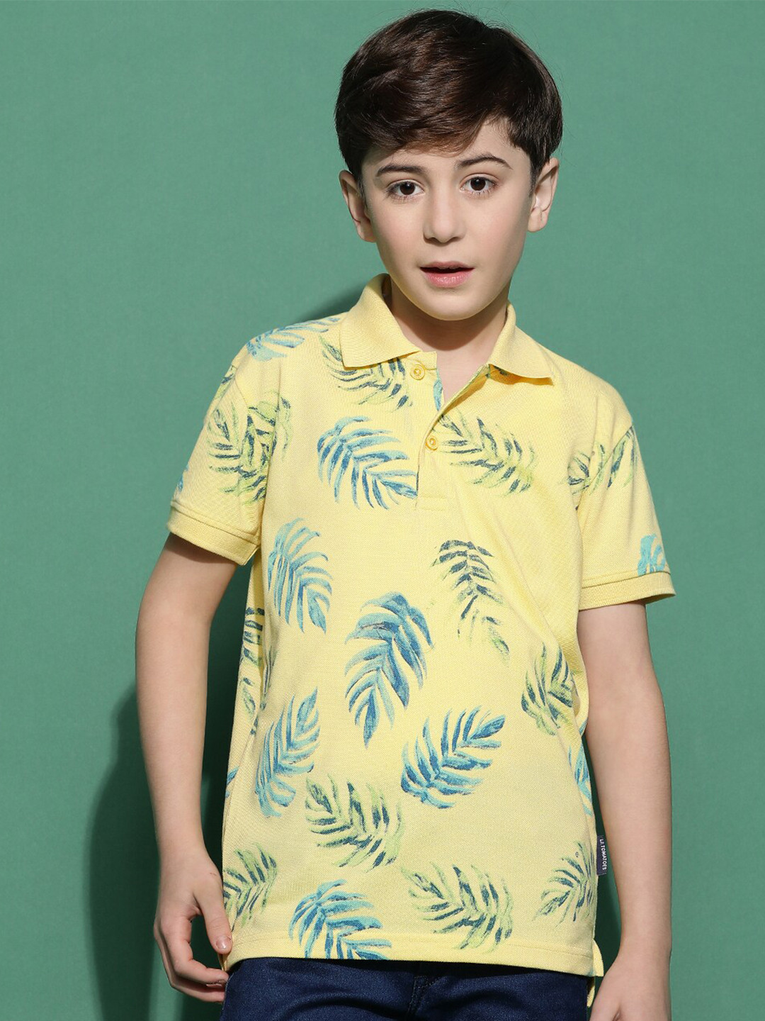 

Lil Tomatoes Boys Tropical Printed Polo Collar T-shirt, Lime green