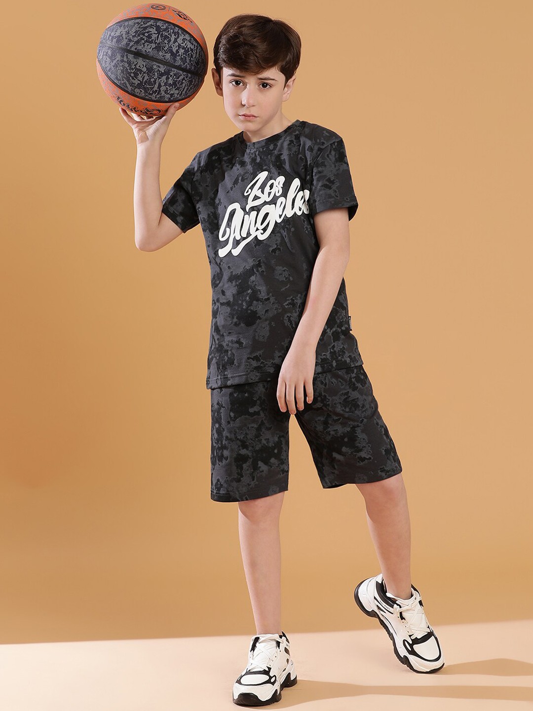 

Lil Tomatoes Boys Typography Printed T-Shirt With Shorts, Charcoal