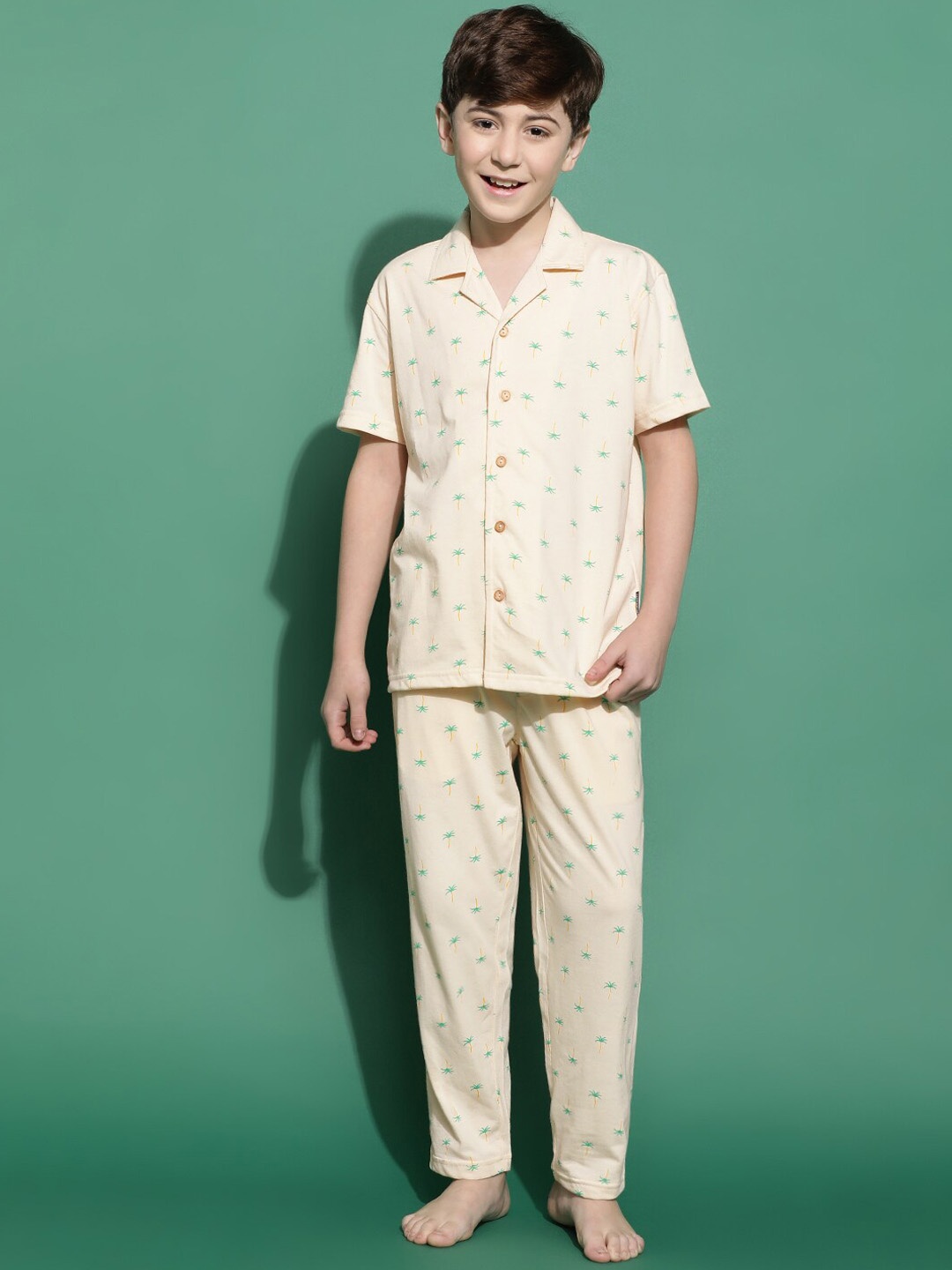 

Lil Tomatoes Boys Tropical Printed Lapel Collar Night suit, Cream