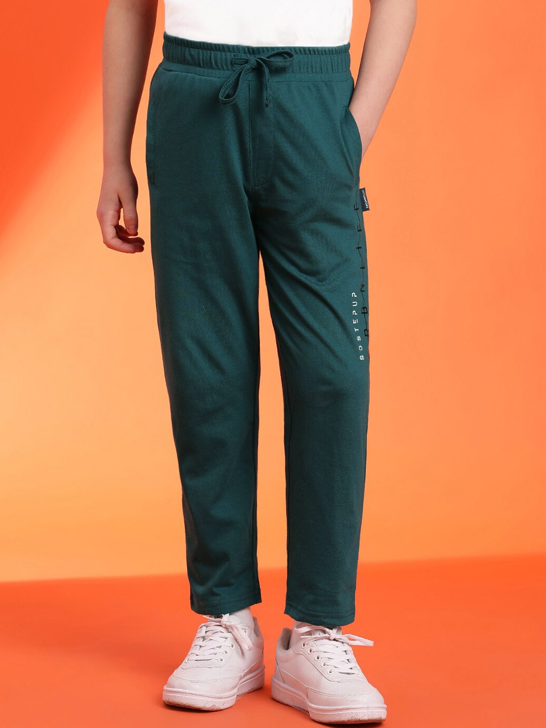 

Lil Tomatoes Boys Typographic Printed Track Pants, Teal
