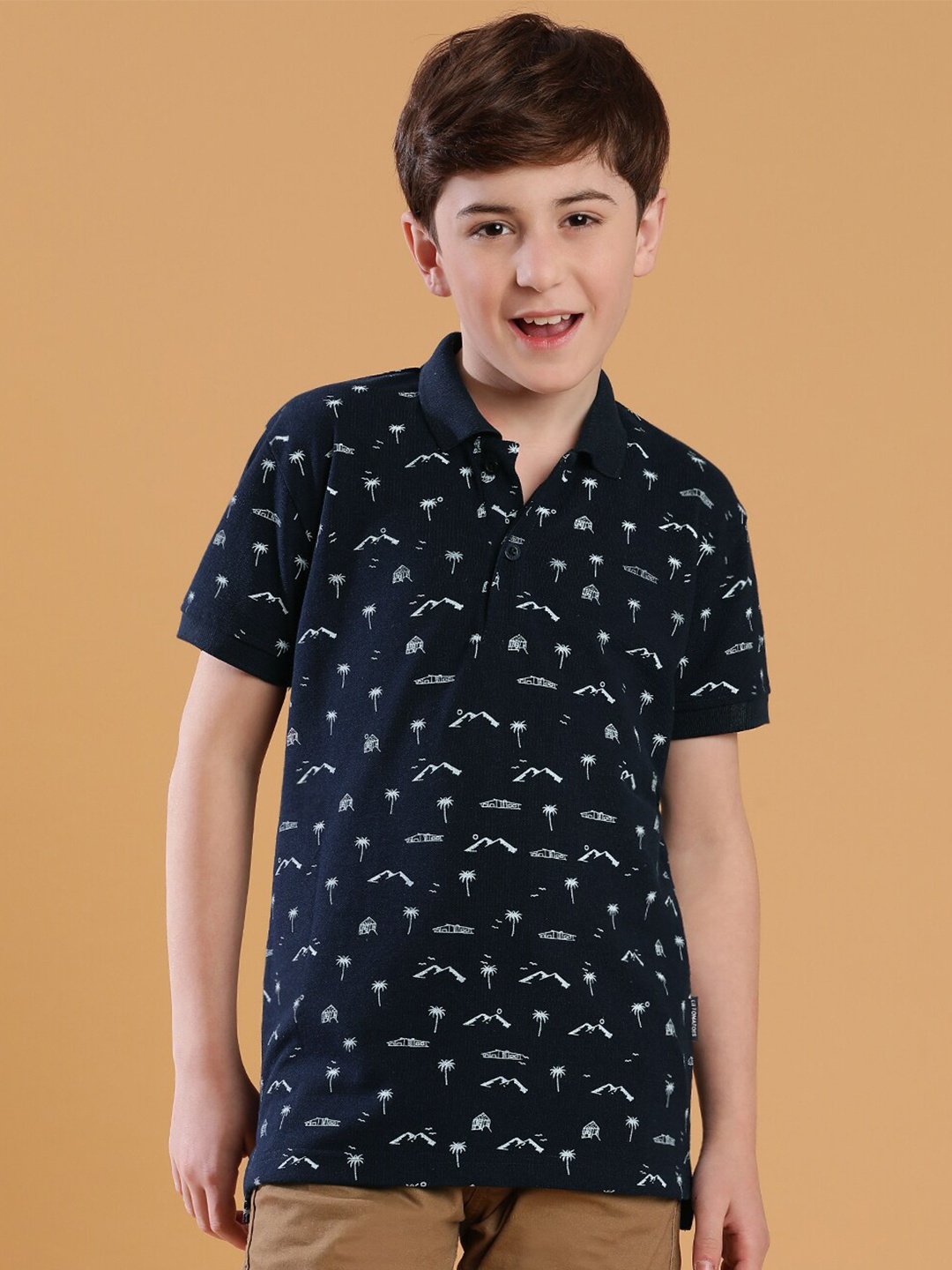 

Lil Tomatoes Boys Conversational Printed Polo Collar Casual T-shirt, Navy blue