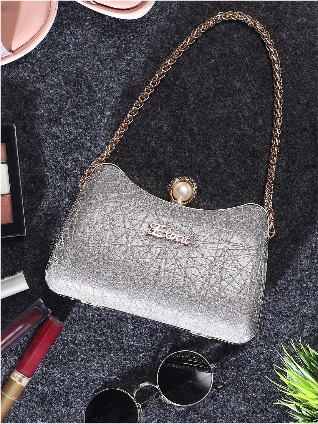 

Exotic Embellished Box Clutch, Grey