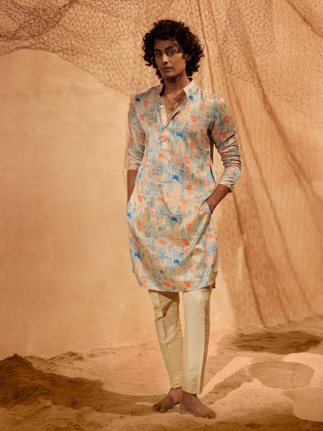 

Eleven Brothers Men Printed Regular Kurta with Pyjamas, Beige
