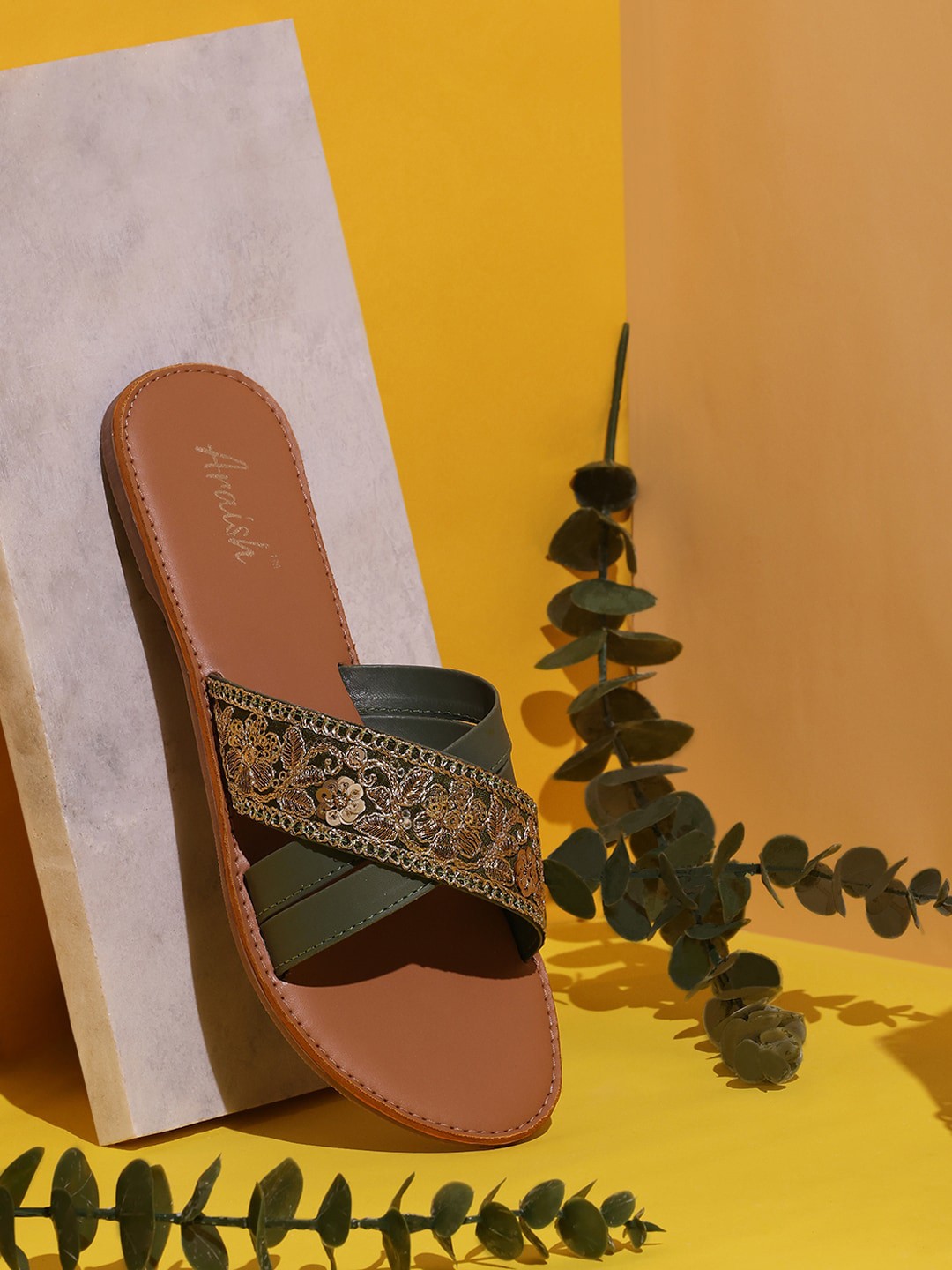 

ARAISH Embroidered Open Toe Flats, Green