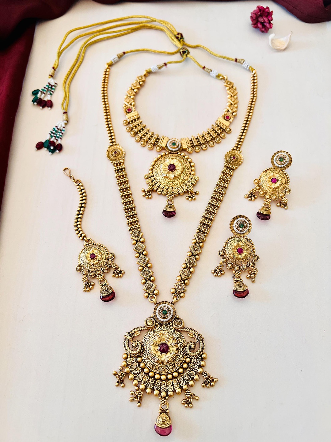 

ABDESIGNS Gold Plated & Stone Studded Necklace & Earrings & Maang Tika