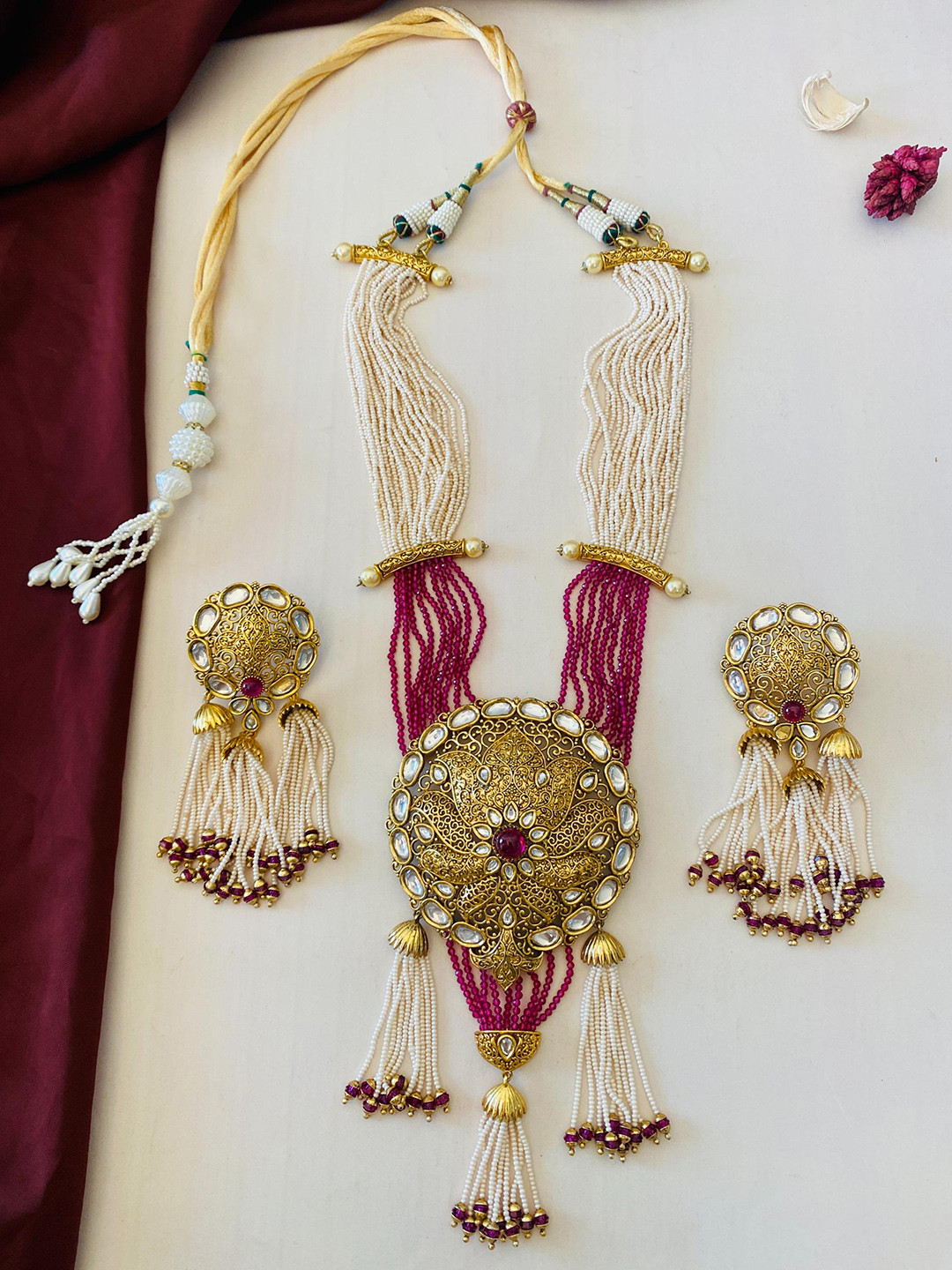 

ABDESIGNS Gold-Plated Stone-Studded & Pearl-Beaded Necklace & Earrings