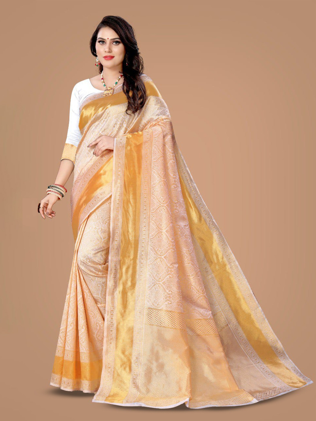 

bansari textiles Ethnic Woven Design Zari Pure Silk Kanjeevaram Saree, Cream