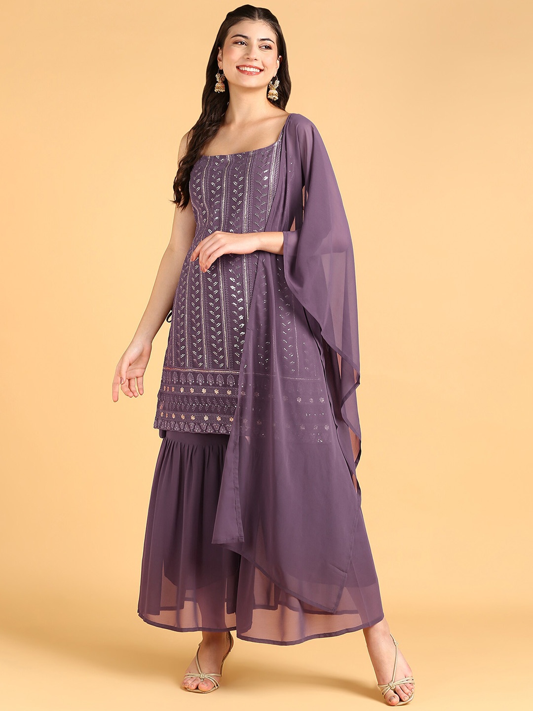 

DISHWA FASHION Embroidered Regular Sequinned Silk Georgette Kurta with Sharara & Dupatta, Purple