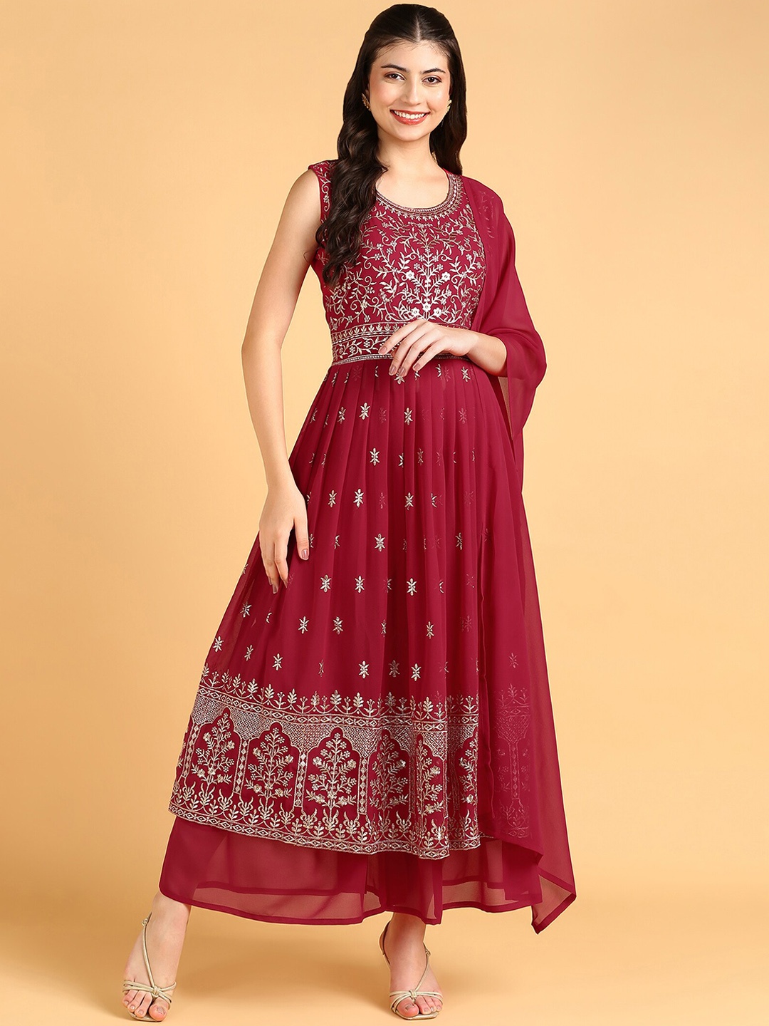 

DISHWA FASHION Embroidered Empire Sequinned Silk Georgette Kurta with Sharara With Dupatta, Pink