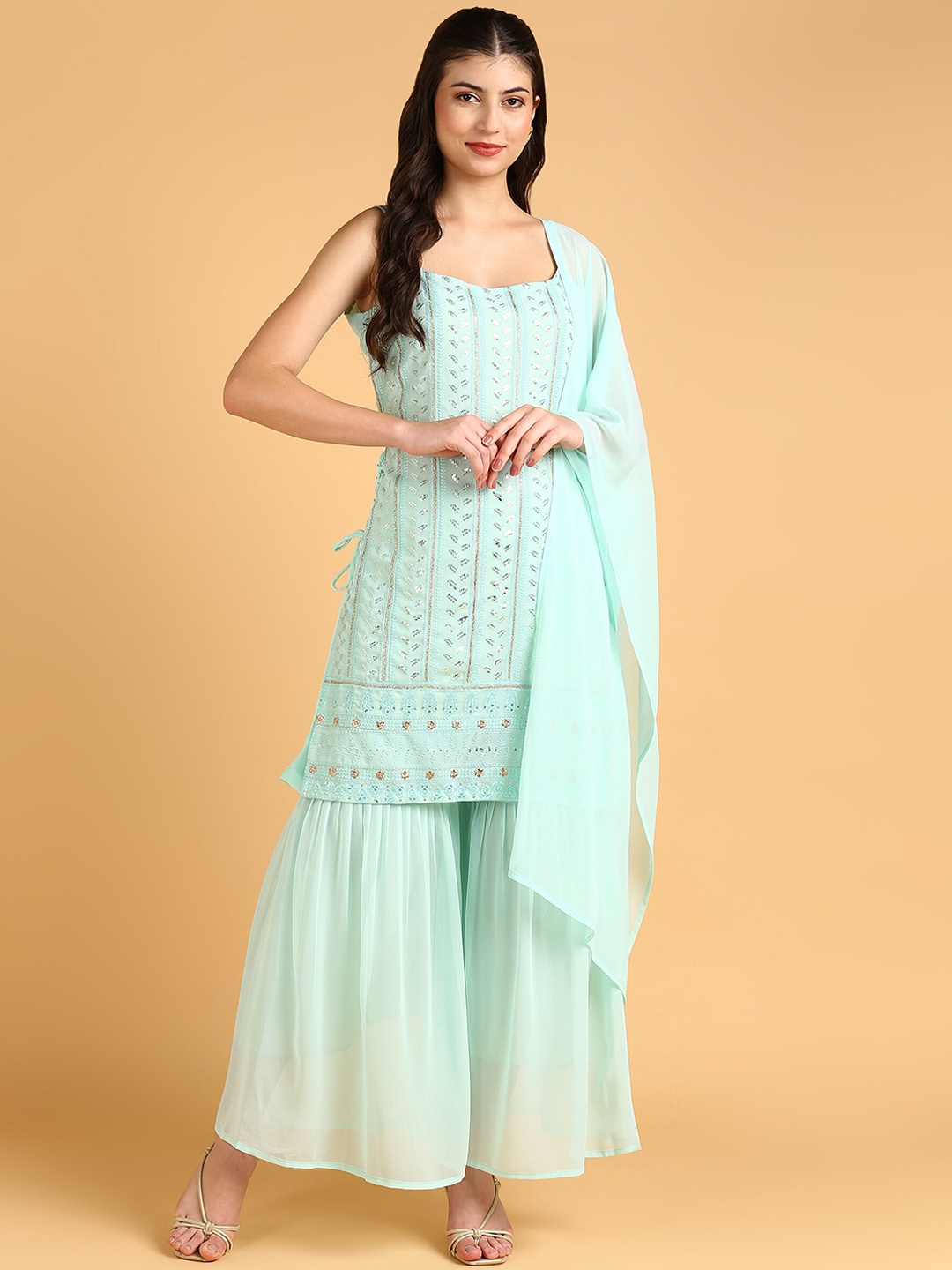 

DISHWA FASHION Embroidered Sequinned Silk Georgette Kurta with Sharara & With Dupatta, Blue