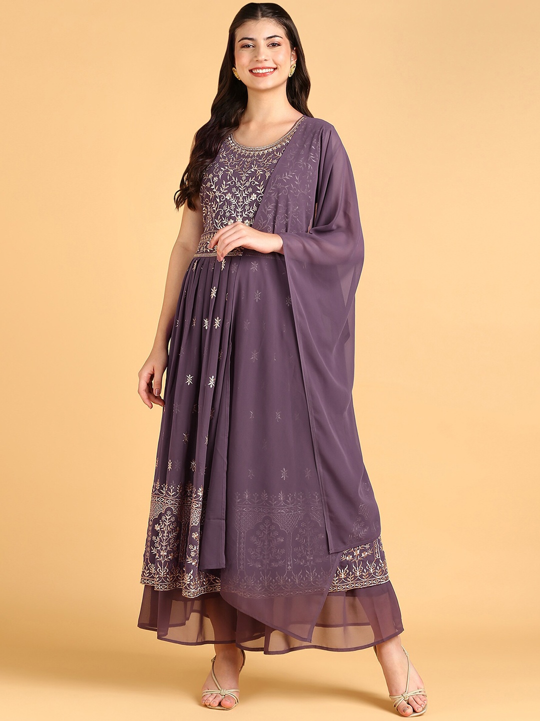 

DISHWA FASHION Embroidered Regular Sequinned Silk Georgette Kurta with Sharara & Dupatta, Purple