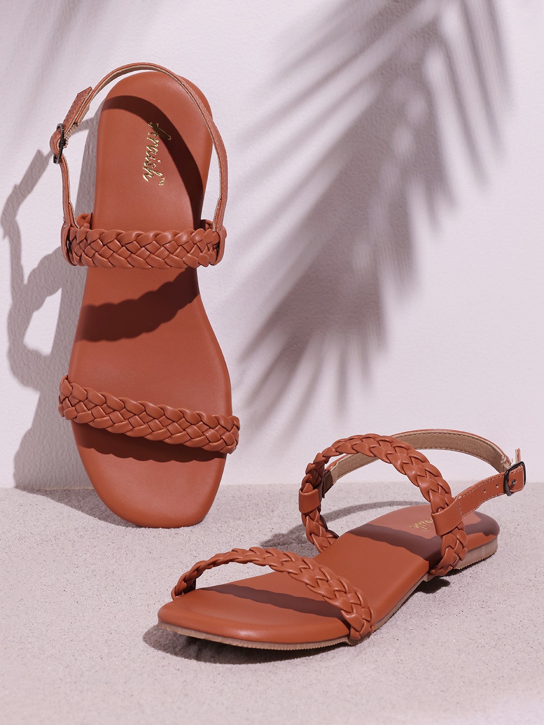 

ARAISH Textured Open Toe Flats With Buckles, Brown