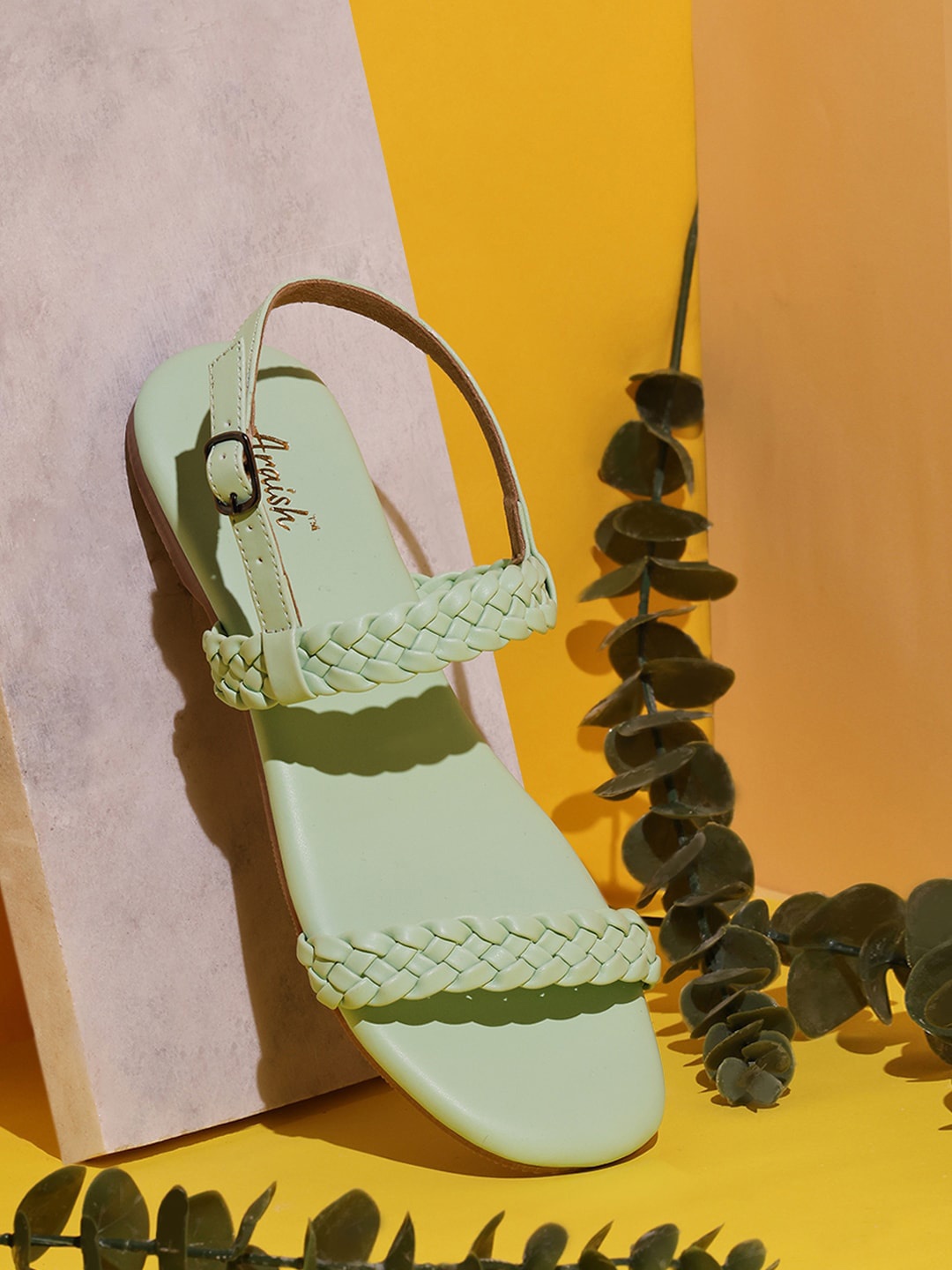 

ARAISH Textured Open Toe Flats, Green