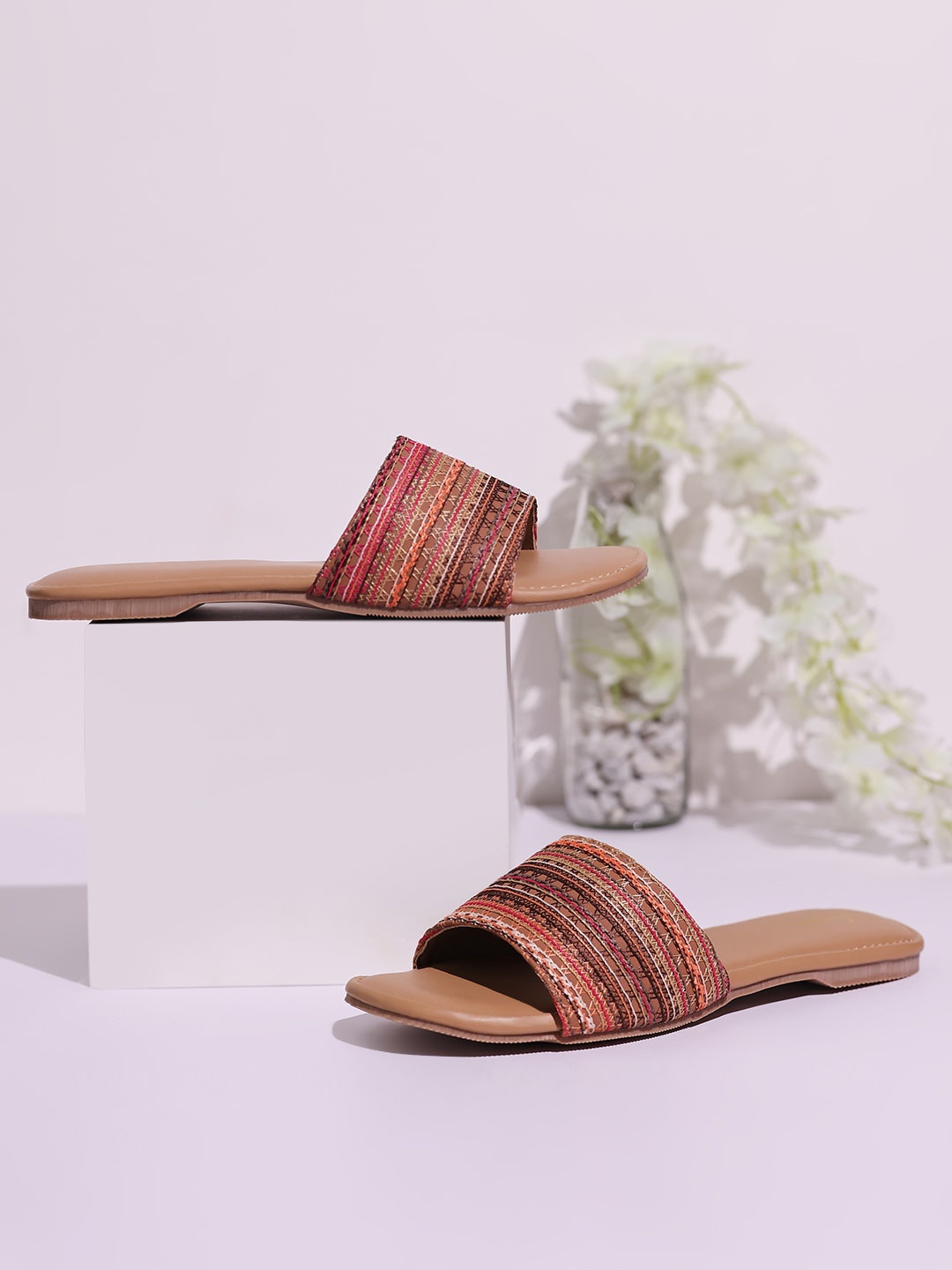 

ARAISH Textured Open Toe Flats, Beige