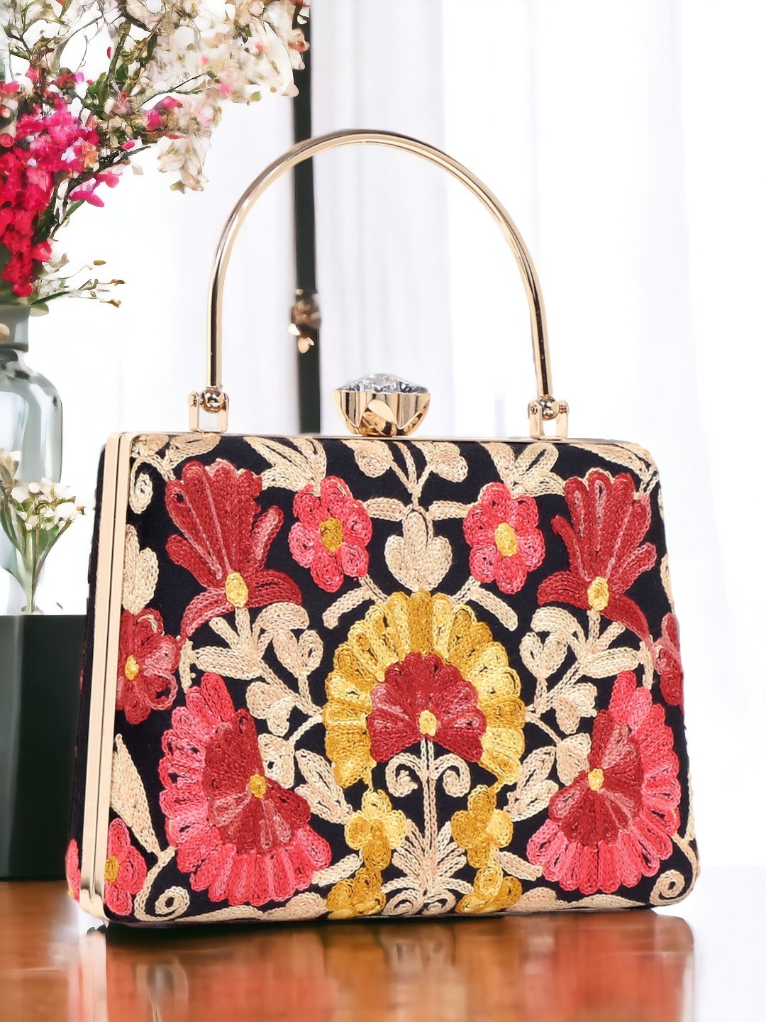 

Exotic Embroidered Box Clutch, Black