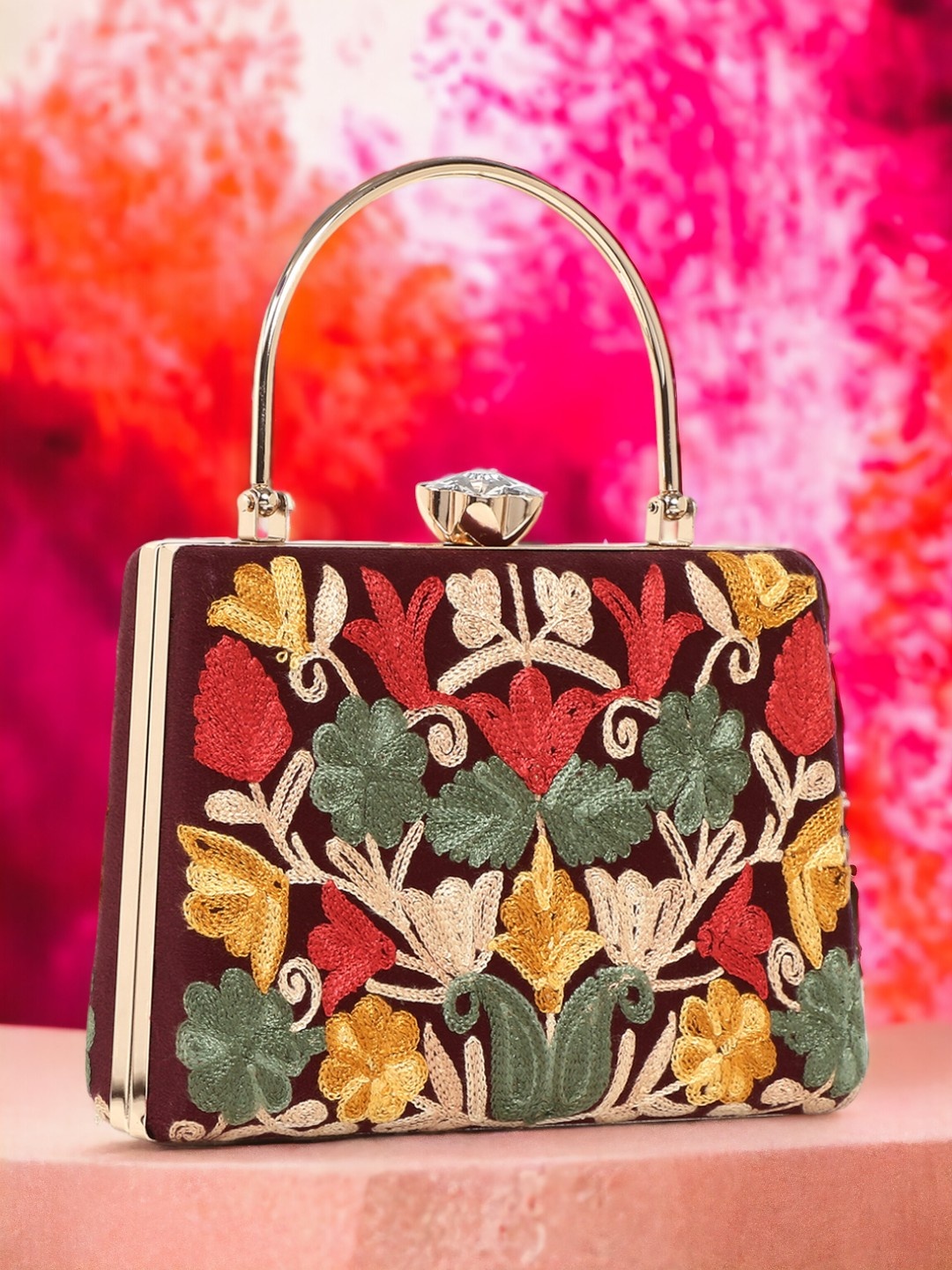 

Exotic Embroidered Box Clutch, Maroon