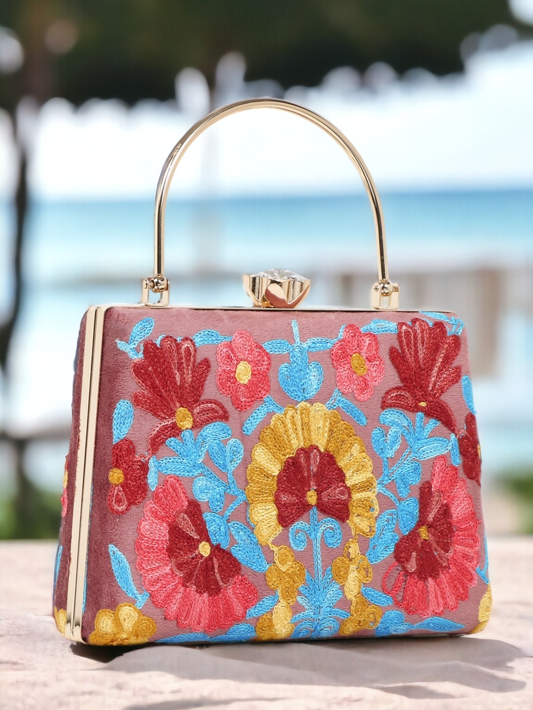 

Exotic Embroidered Box Clutch, Peach