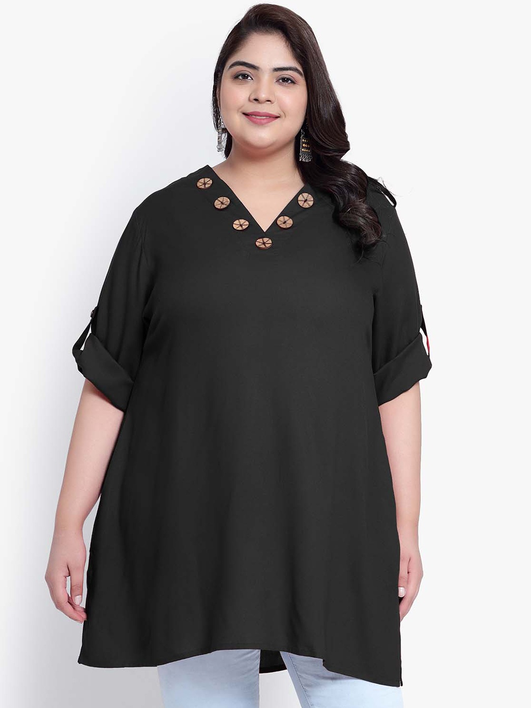 

Indietoga Plus Size V-Neck Roll up Sleeves Tunic, Black