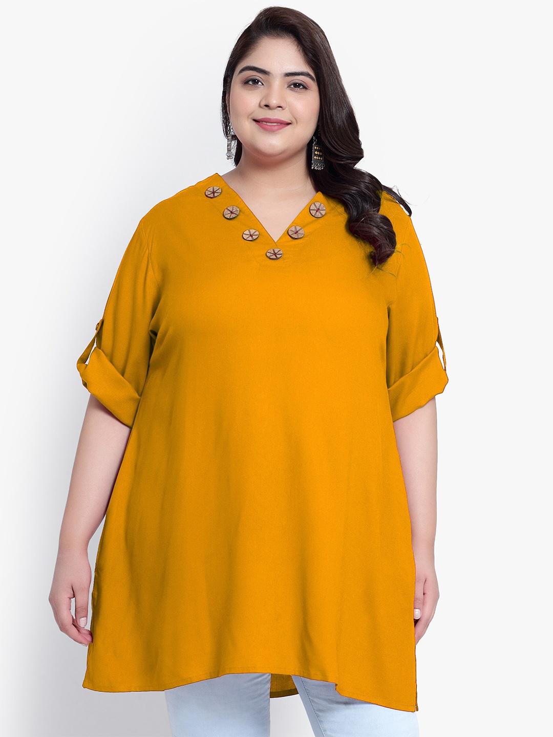 

Indietoga Plus Size V-Neck Longline Roll-Up Sleeves Tunic Top, Mustard
