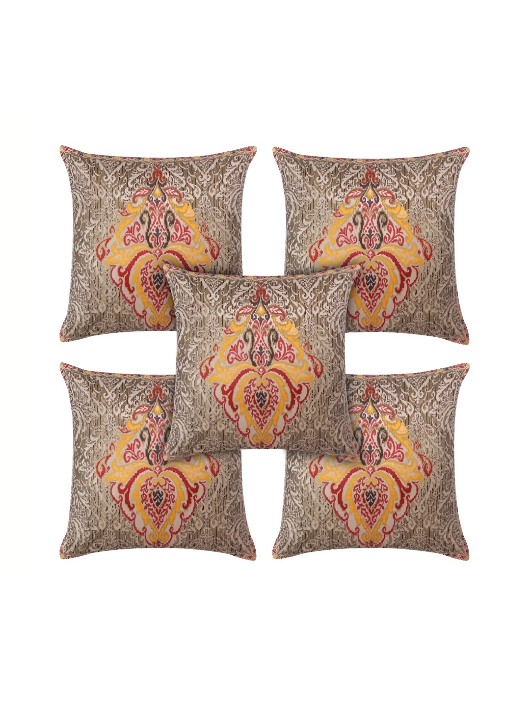 

MONKDECOR Beige & Yellow 5 Pieces Ethnic Motifs Velvet Square Cushion Covers