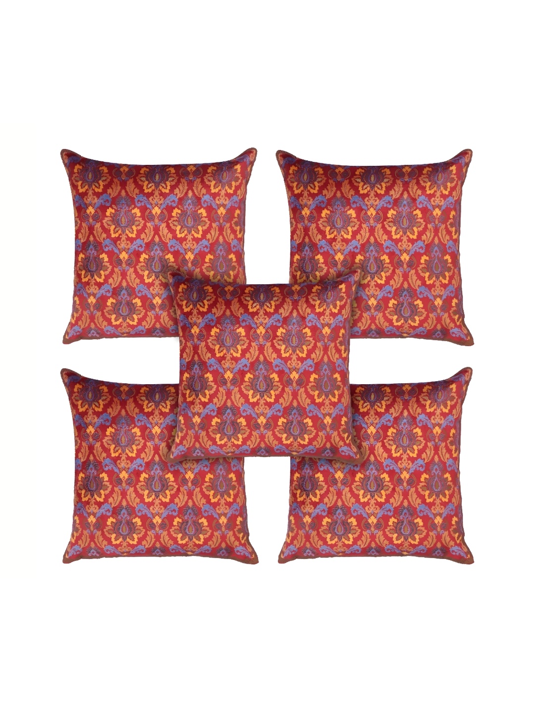 

MONKDECOR Red & Blue 5 Pieces Ethnic Motifs Velvet Square Cushion Covers