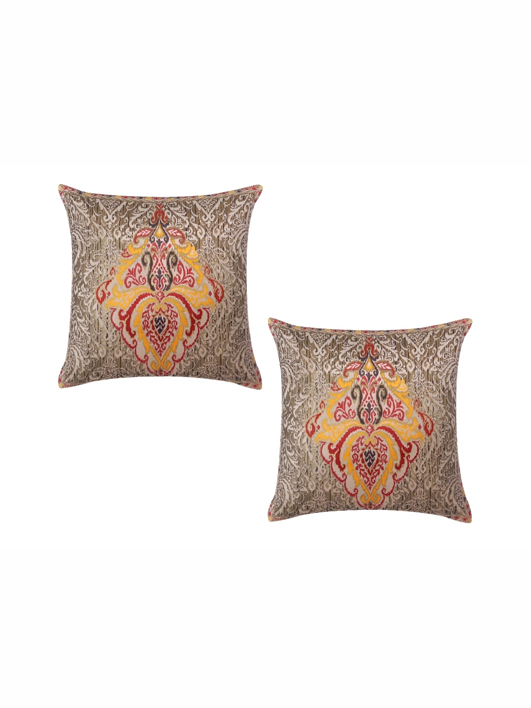

MONKDECOR Yellow & Red 2 Pieces Ethnic Motifs Velvet Square Cushion Covers
