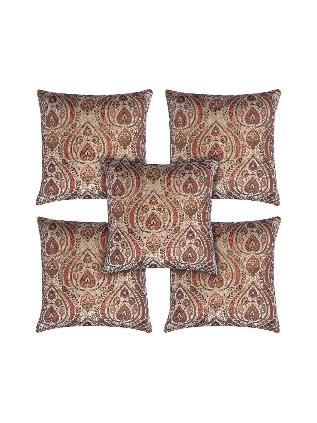 

MONKDECOR Beige & Blue 5 Pieces Ethnic Motifs Velvet Square Cushion Covers
