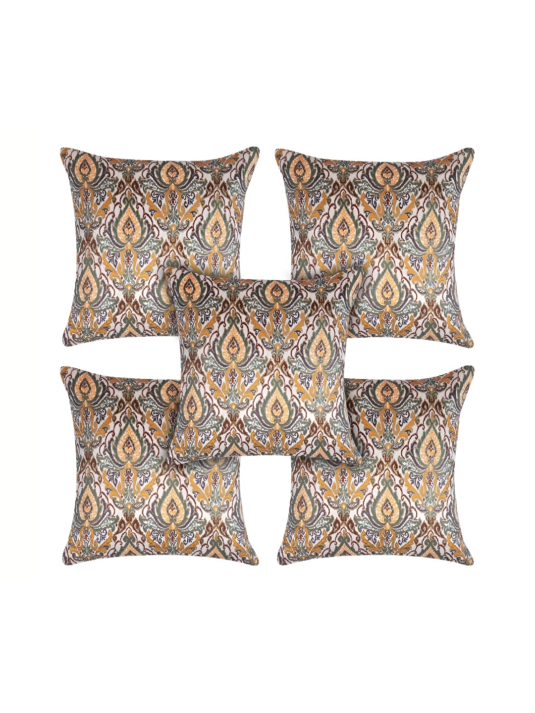 

MONKDECOR White & Yellow 5 Pieces Ethnic Motifs Velvet Square Cushion Covers