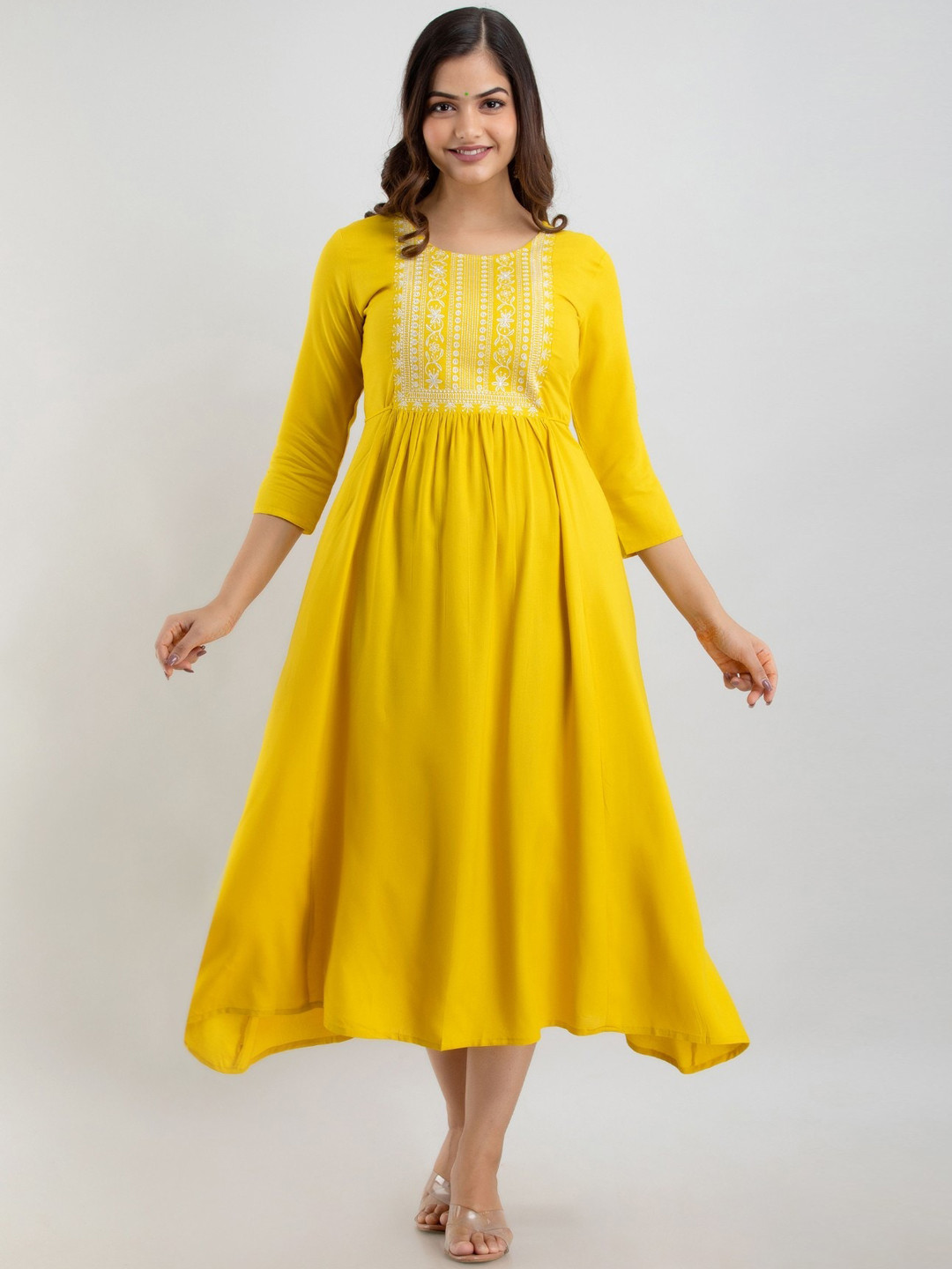 

BAIRAJ Floral Embroidered Round Neck Gathered Fit & Flare Midi Ethnic Dress, Yellow