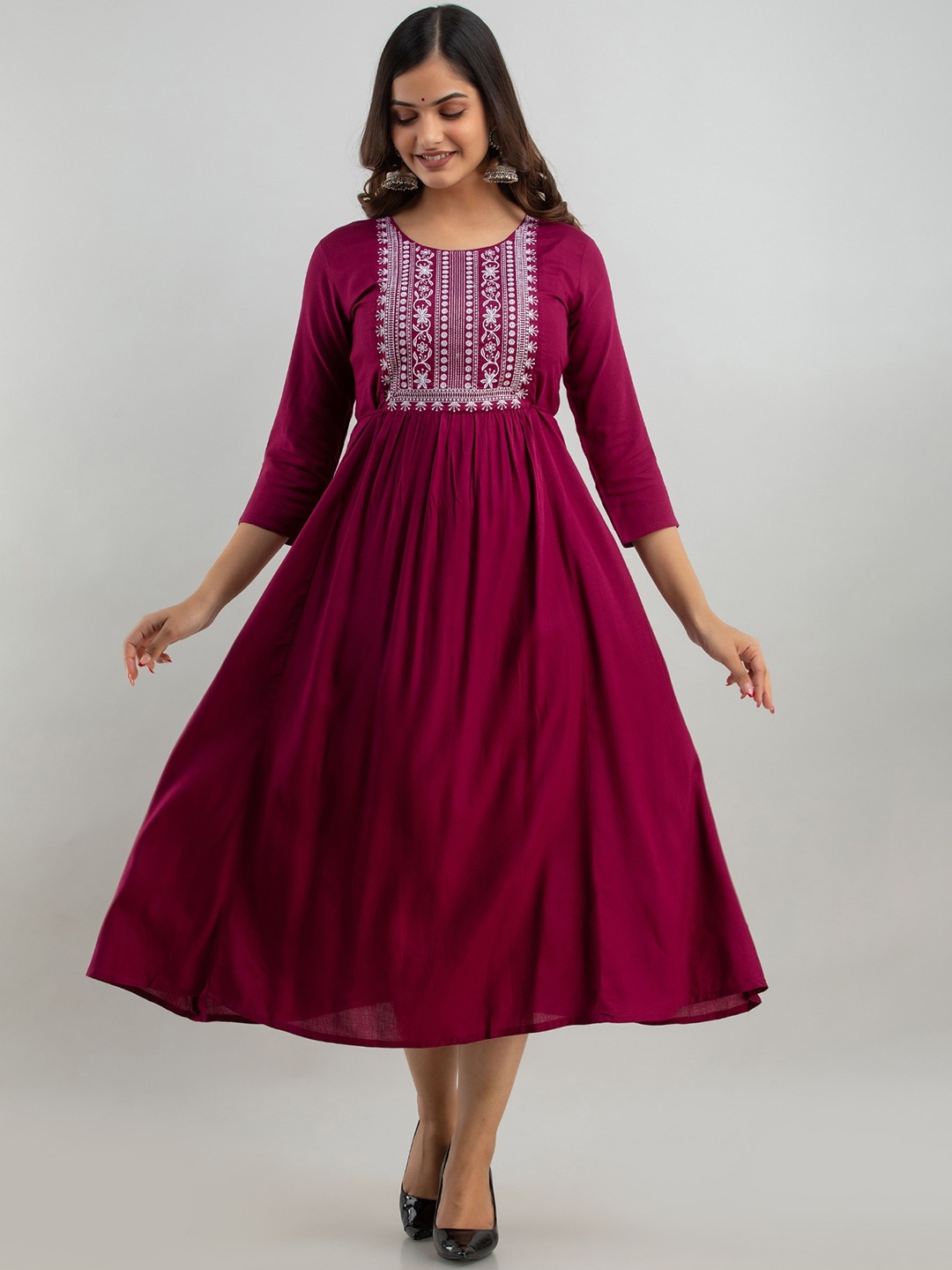 

BAIRAJ Floral Embroidered Fit and Flare Midi Ethnic Dresses, Magenta