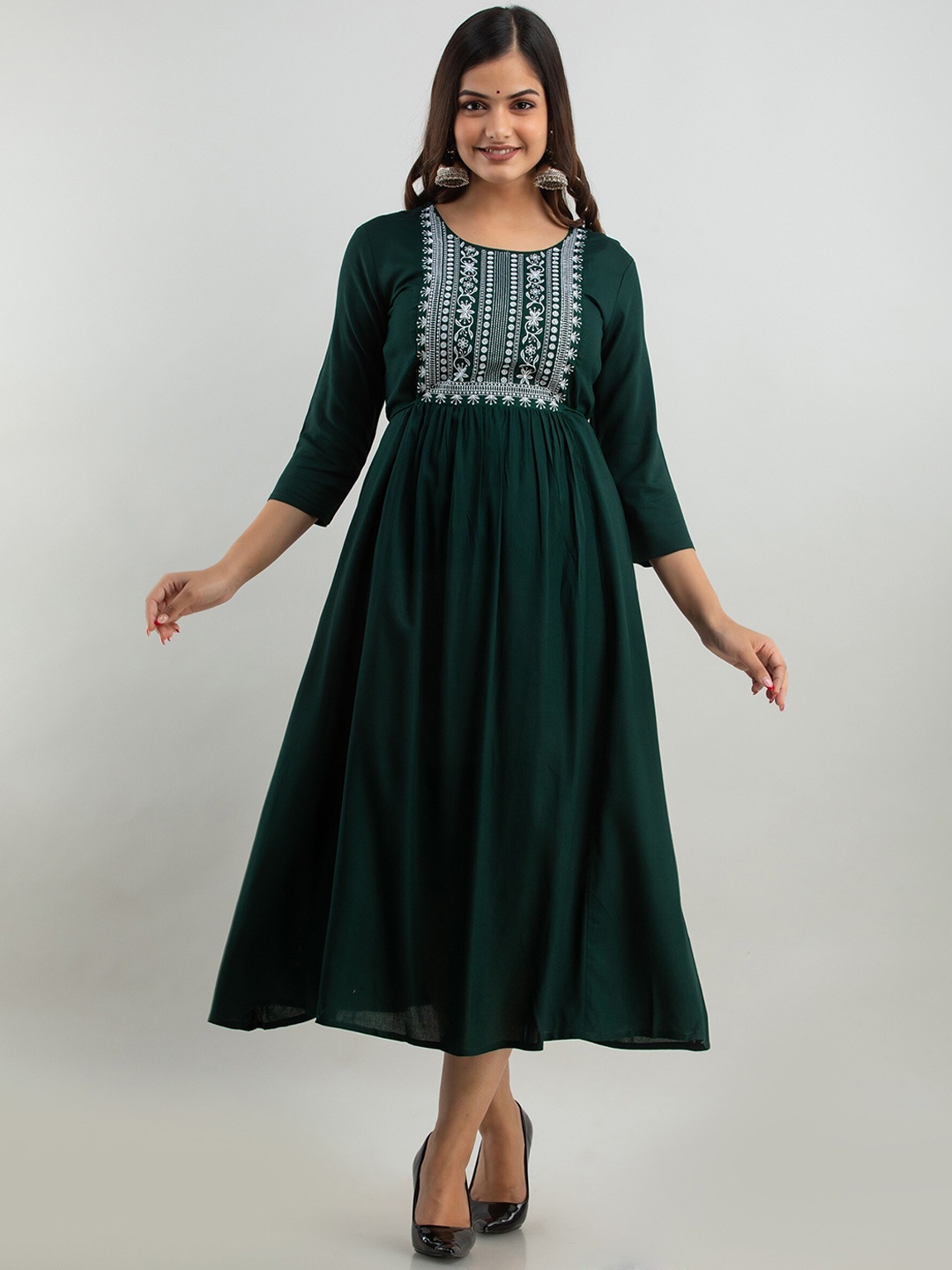 

BAIRAJ Floral Embroidered Fit and Flare Midi Ethnic Dresses, Green