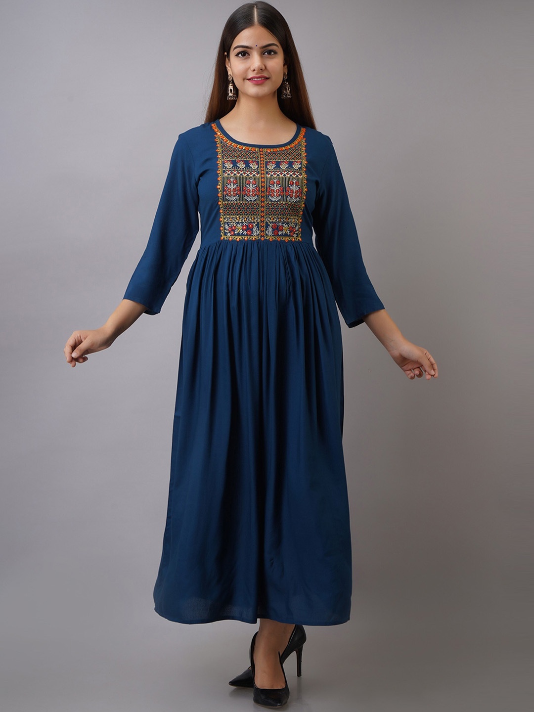 

BAIRAJ Floral Embroidered Fit and Flare Midi Ethnic Dresses, Blue