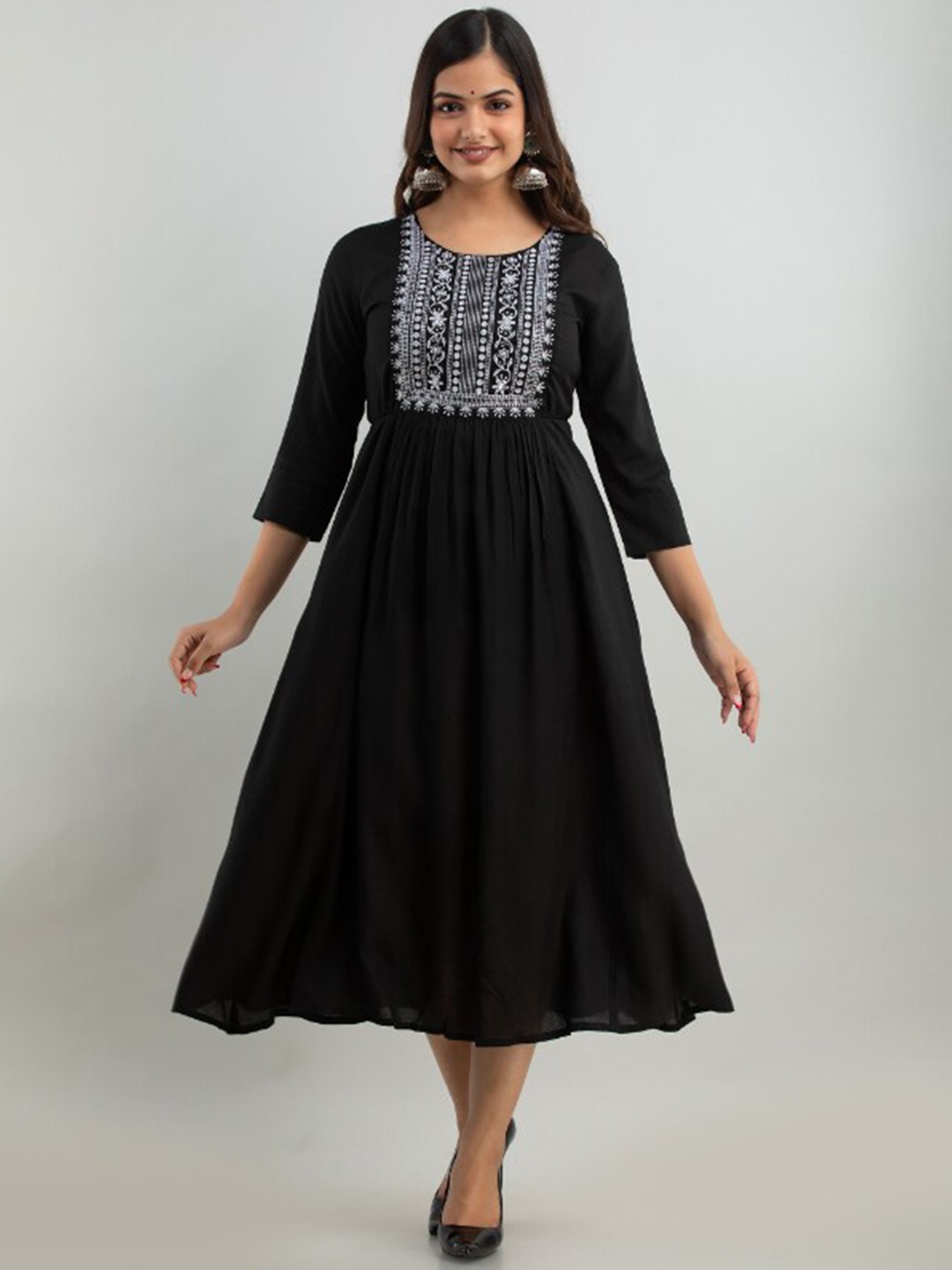 

BAIRAJ Floral Embroidered Fit and Flare Midi Ethnic Dresses, Black