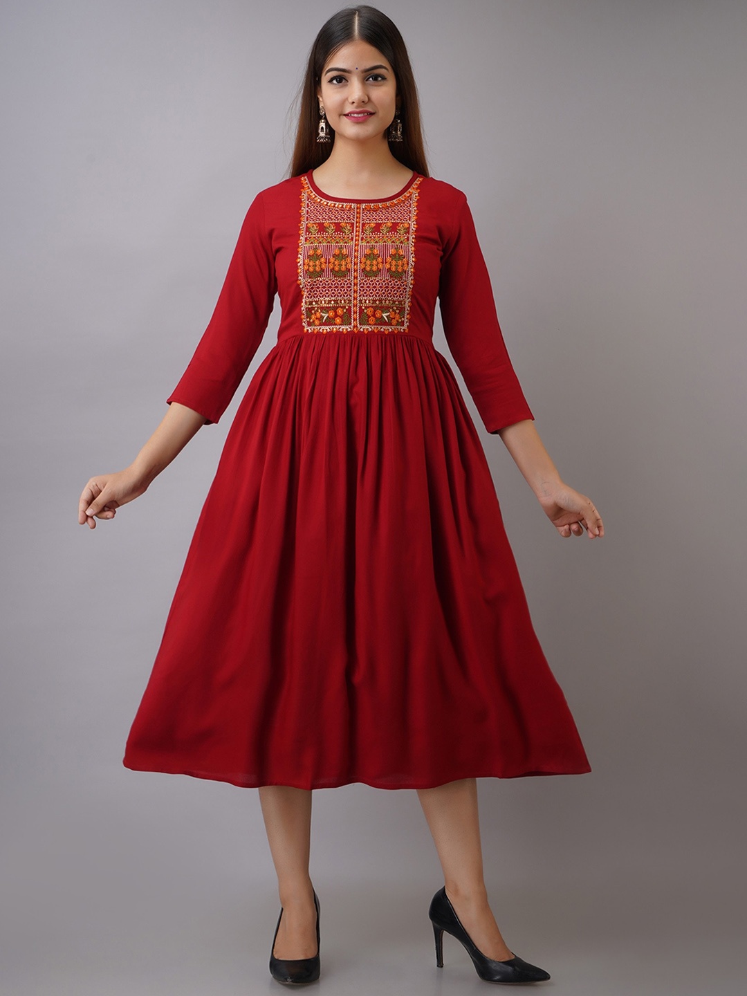 

BAIRAJ Floral Embroidered Fit and Flare Midi Ethnic Dresses, Maroon