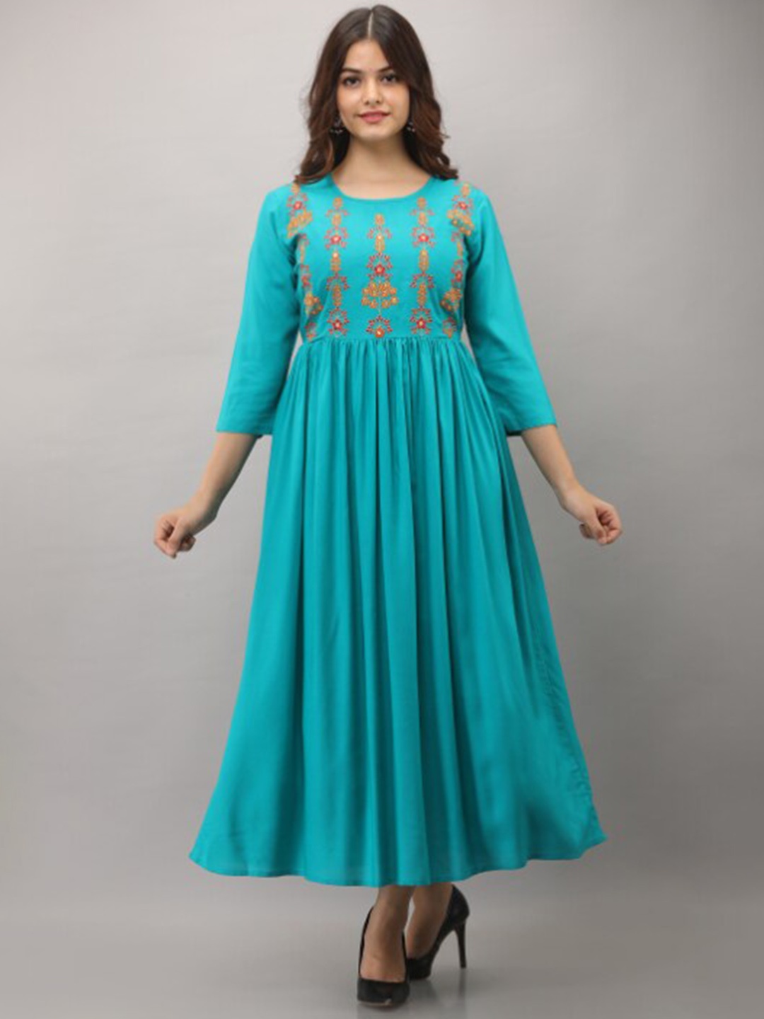 

BAIRAJ Floral Embroidered Fit and Flare Midi Ethnic Dresses, Turquoise blue