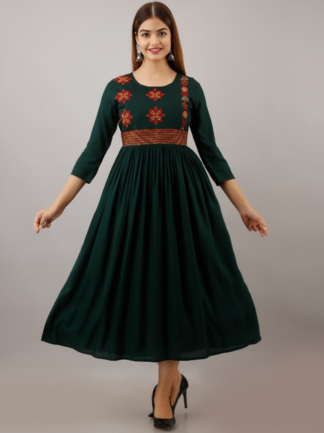 

BAIRAJ Floral Embroidered Fit and Flare Midi Ethnic Dresses, Green