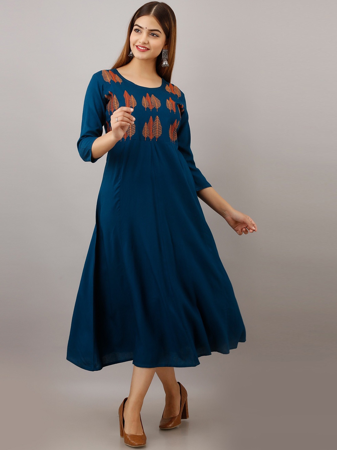 

BAIRAJ Floral Embroidered Round Neck Gathered Fit & Flare Midi Ethnic Dress, Teal
