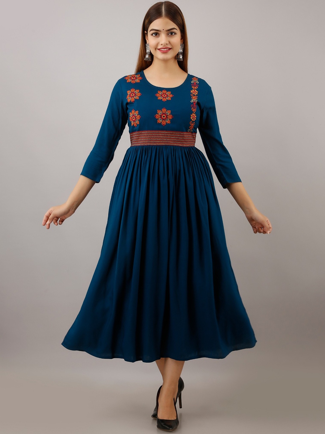 

BAIRAJ Floral Embroidered Fit and Flare Midi Ethnic Dresses, Blue