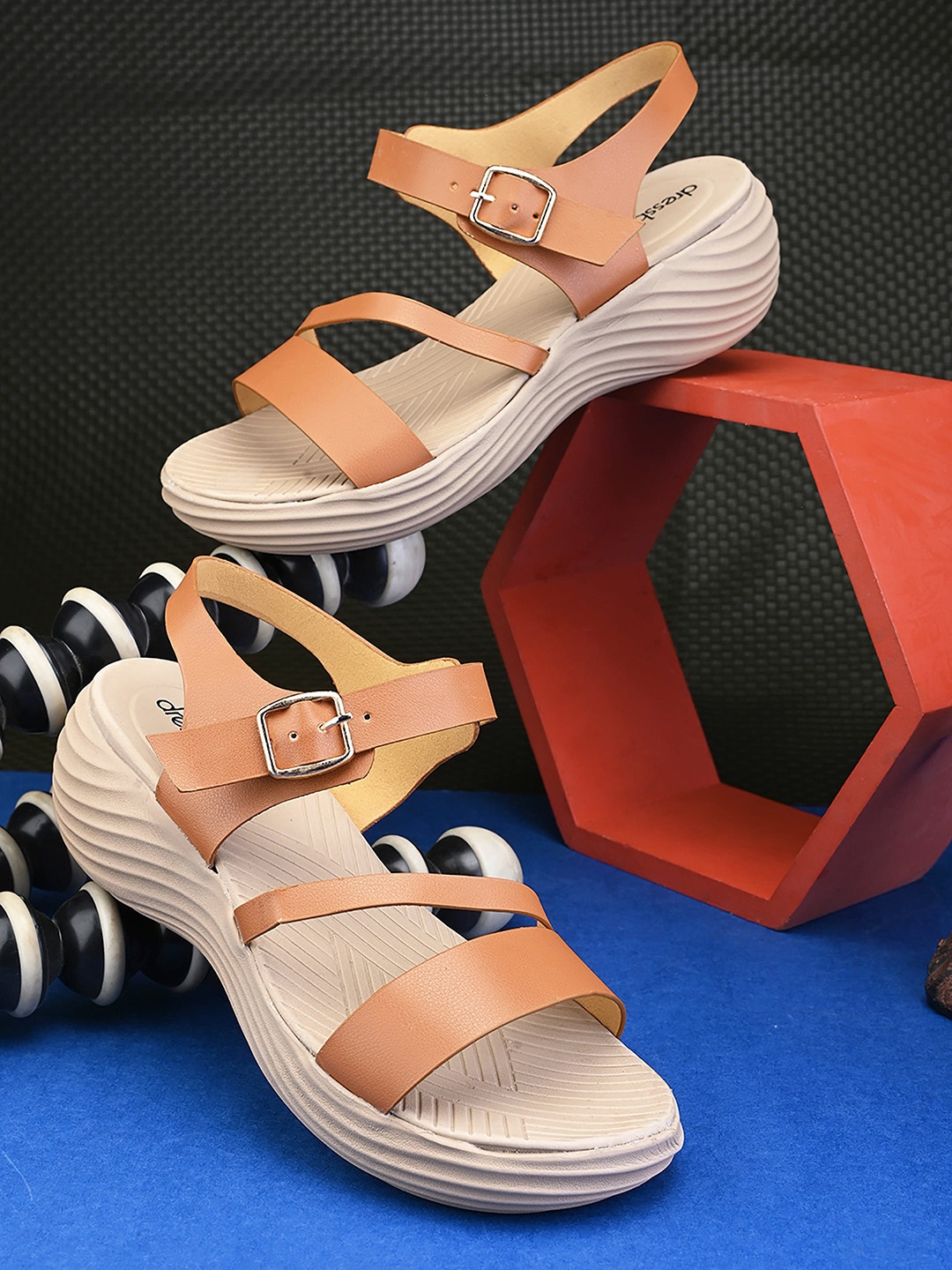 

DressBerry Tan Open Toe Backstrap Wedges