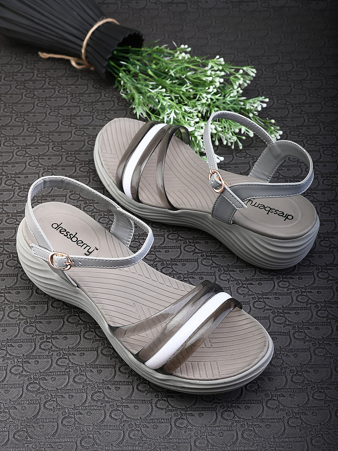 

DressBerry Grey Open Toe Backstrap Wedges