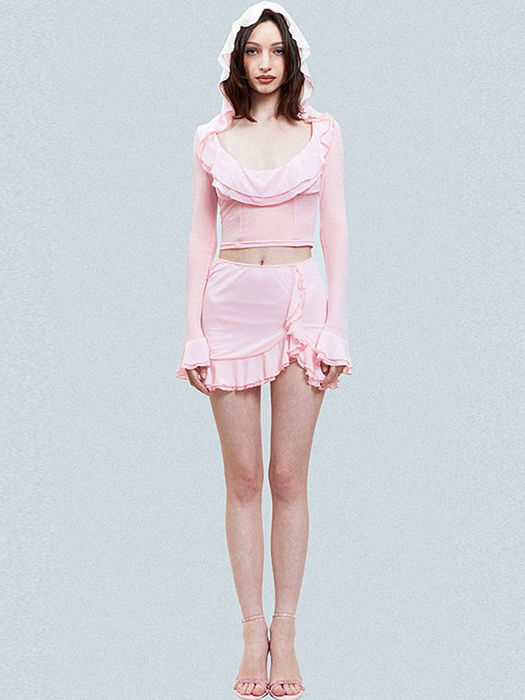

LULU & SKY Hooded Long Sleeves Crop Top & Skirts, Pink
