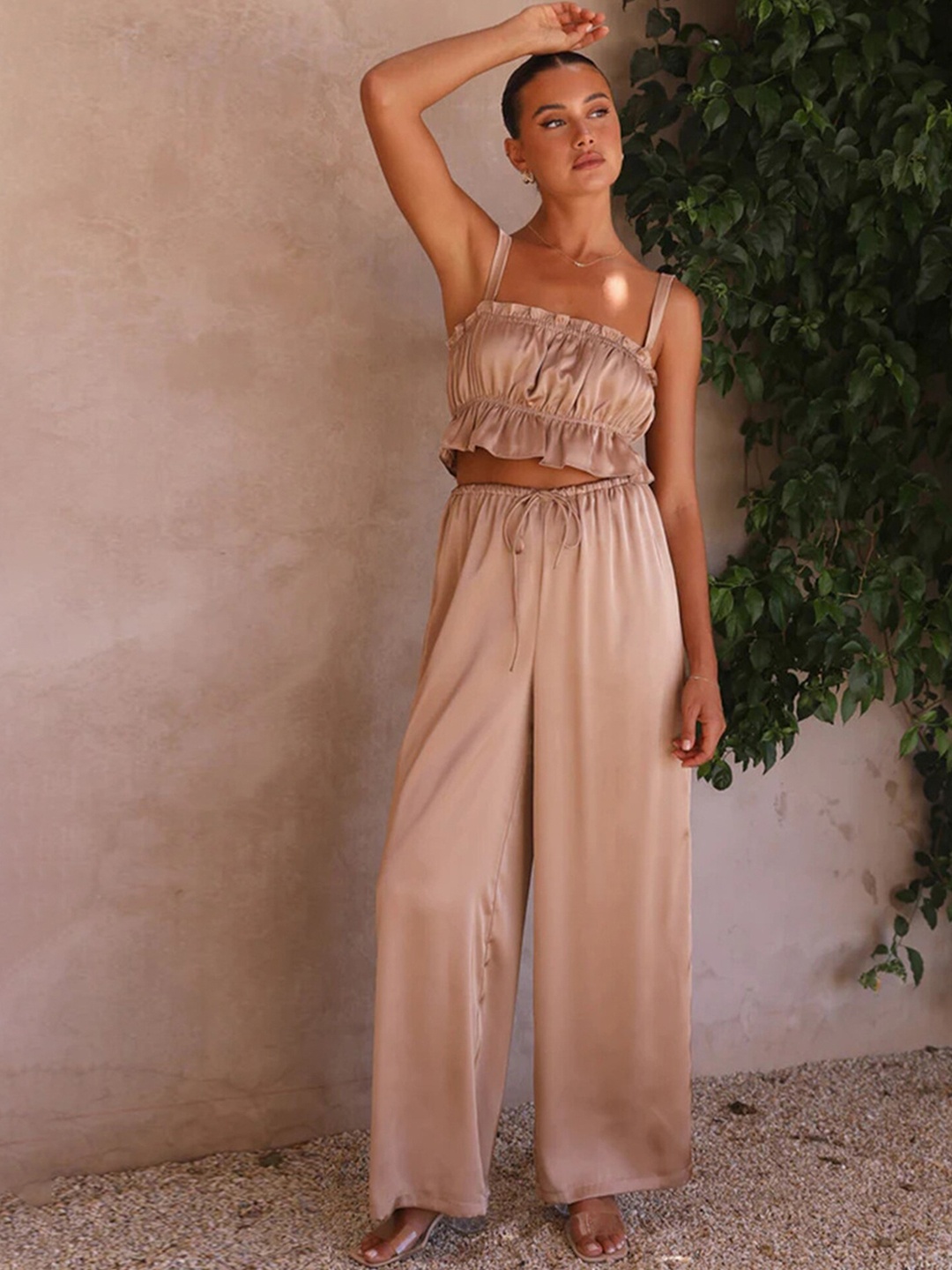 

LULU & SKY Shoulder Straps Top With Palazzo, Beige
