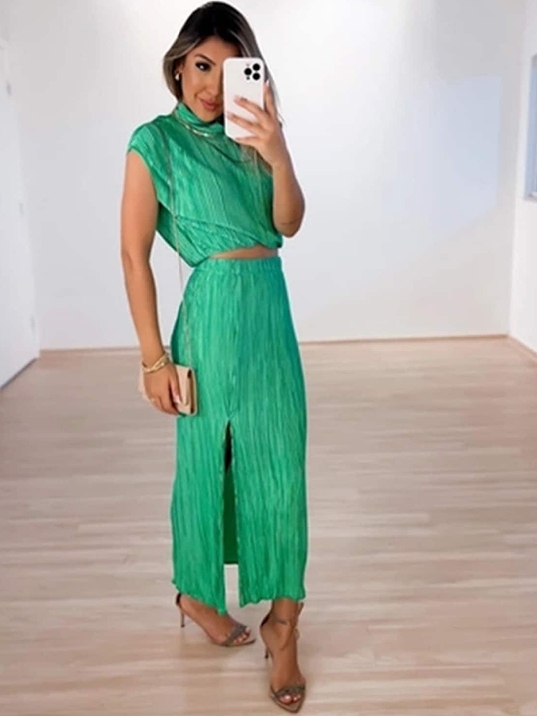 

LULU & SKY Pleated High Neck Crop Top With Midi Skirt, Green
