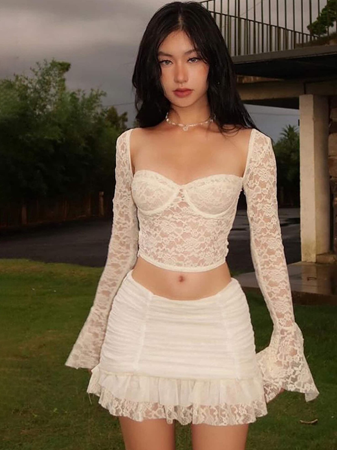 

LULU & SKY Self Design Lace Crop Top With Mini Skirt, Off white